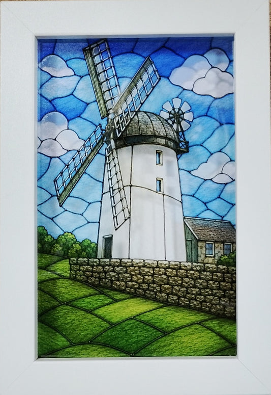 Ballycopeland Windmill stained glass effect printed on acrylic in a white frame
