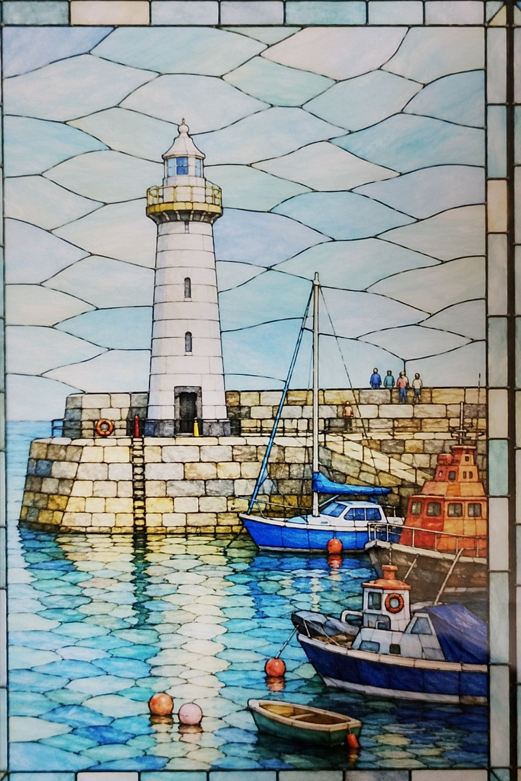 Close-up of Donaghadee Lighthouse stained glass effect artwork with boats and blue harbour water