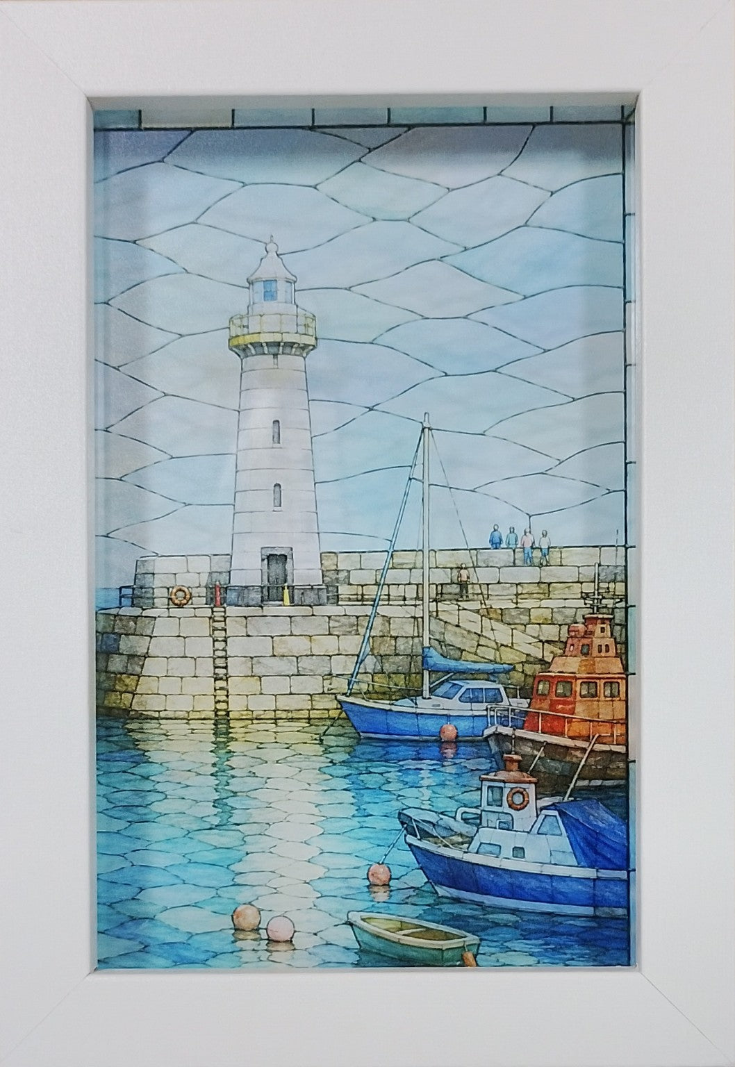 Donaghadee Lighthouse and harbour stained glass effect print on acrylic in a white frame