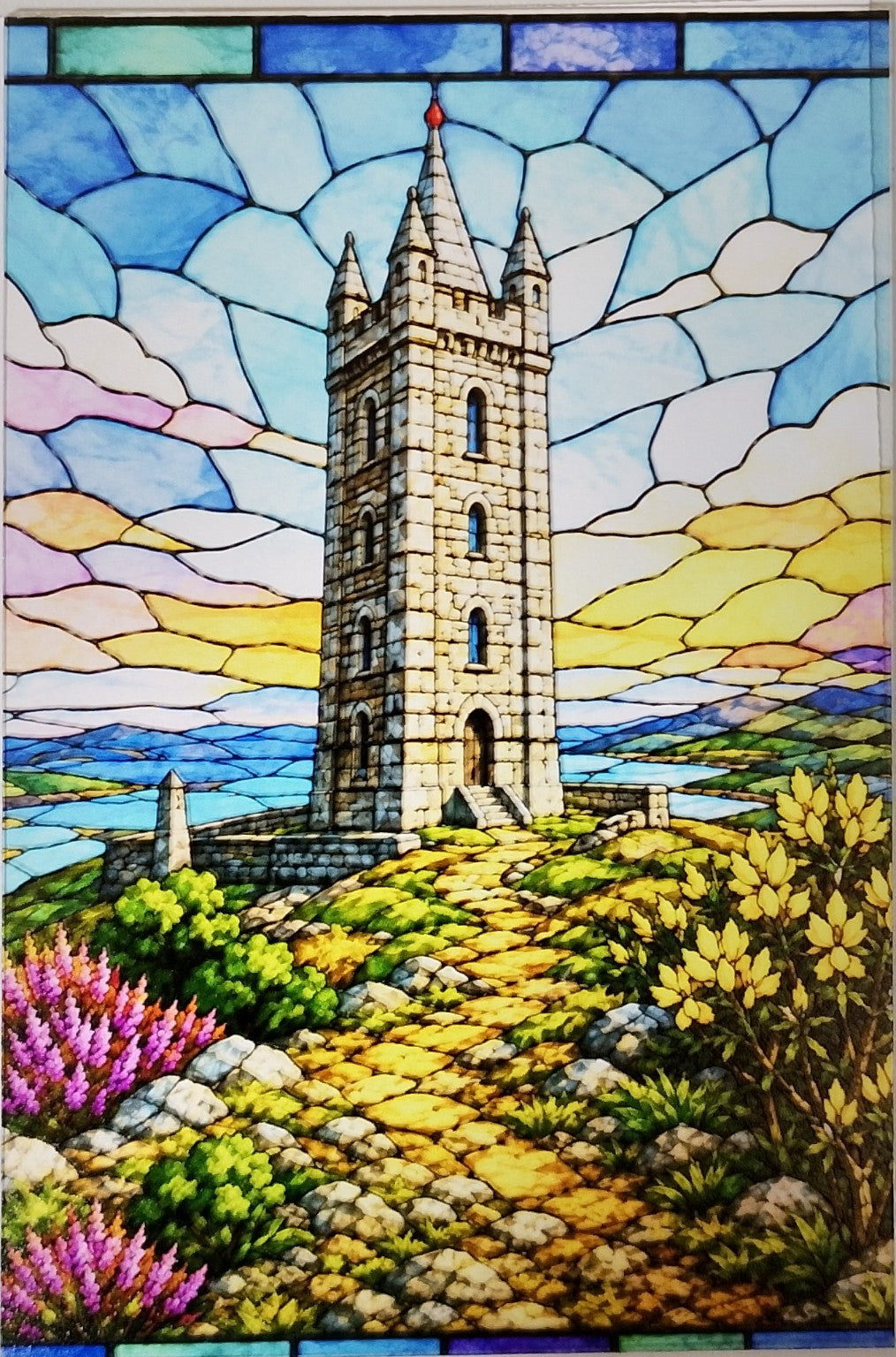 Close-up of the Scrabo Tower stained glass effect artwork