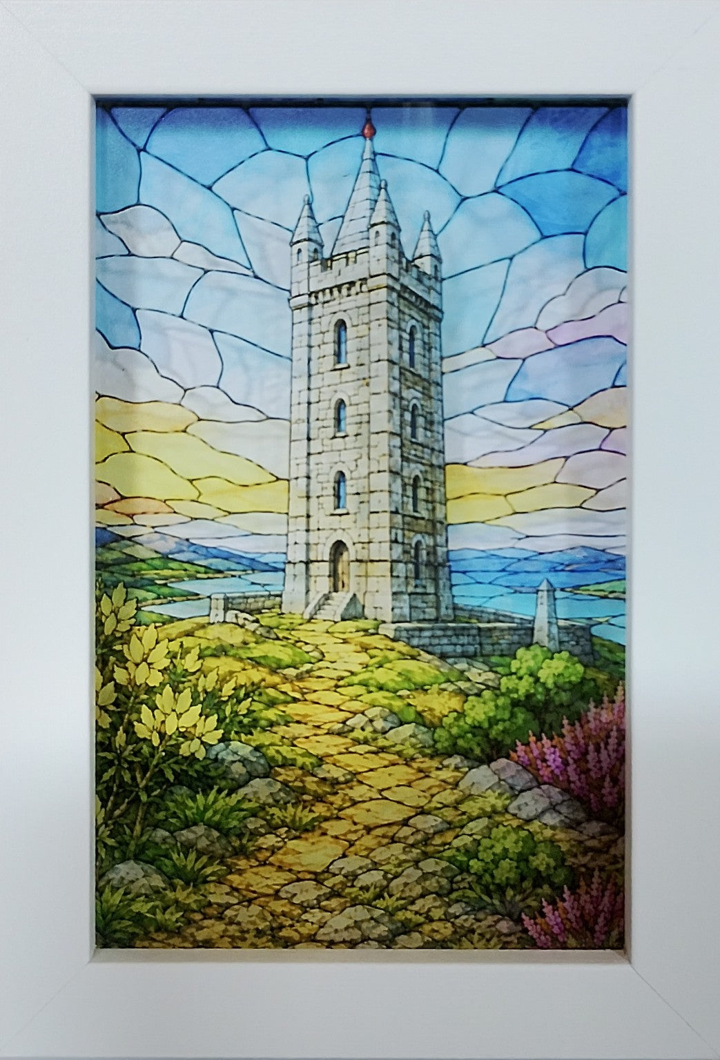 Framed Scrabo Tower acrylic print with blue sky and colourful landscape
