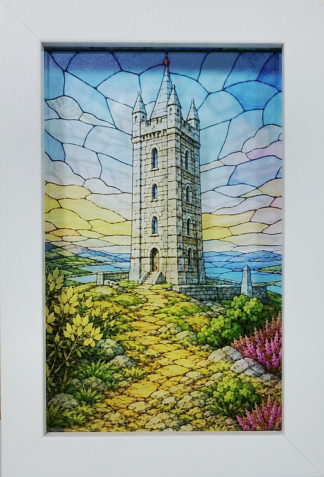 Scrabo Tower stained glass effect print in a white frame