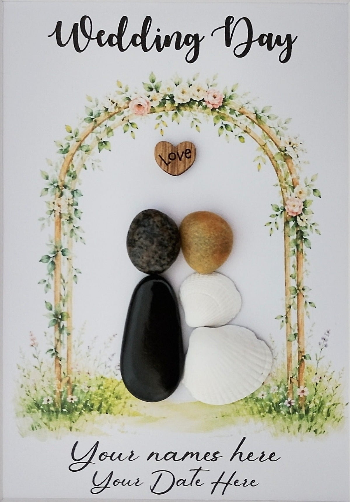 Personalisation example — Wedding picture with names and date beneath the couple.